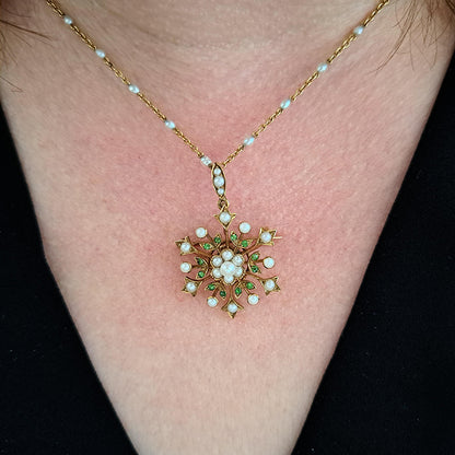 Victorian Antique Demantoid Garnet and Pearl 15ct Gold Snowflake Pendant Brooch