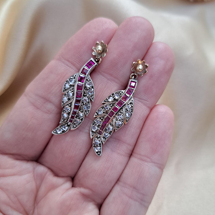 Antique Ruby and Rose Cut Diamond Leaf Drop Earrings