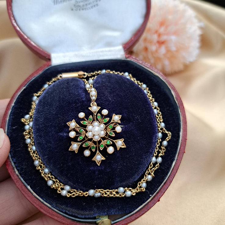 Victorian Antique Demantoid Garnet and Pearl 15ct Gold Snowflake Pendant Brooch