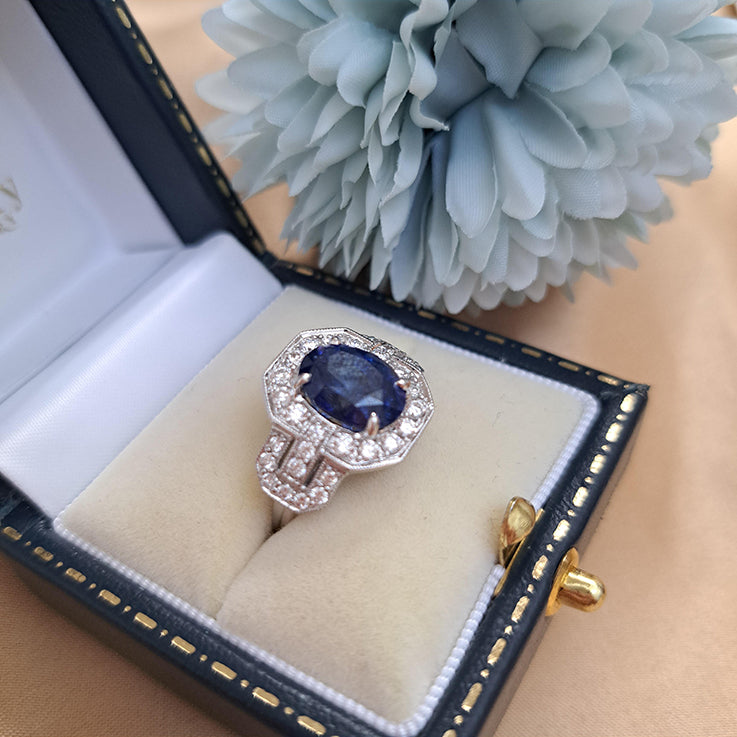 4ct Sapphire and Diamond Cluster Engagement Ring in 18ct White Gold