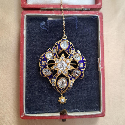 Victorian Antique 2.80ct Old Cut Diamond Blue Enamel and Gold Pendant Brooch