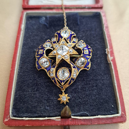 Victorian Antique 2.80ct Old Cut Diamond Blue Enamel and Gold Pendant Brooch
