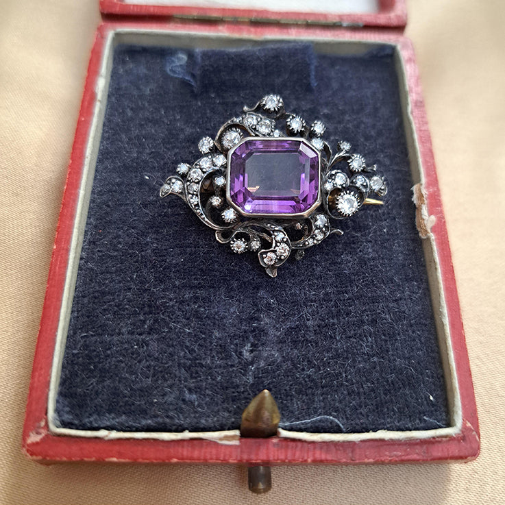 Victorian Antique Amethyst and Diamond Brooch
