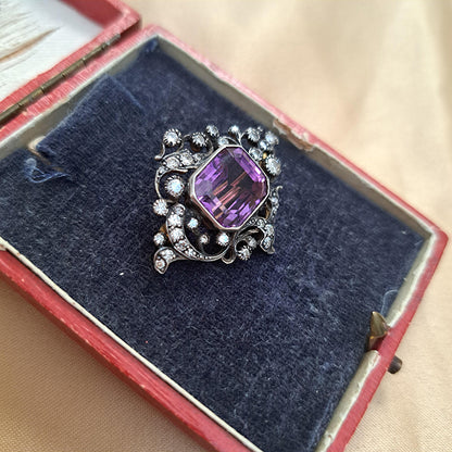 Victorian Antique Amethyst and Diamond Brooch