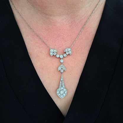 Fine Antique Diamond Cluster and Platinum Pendant Necklace