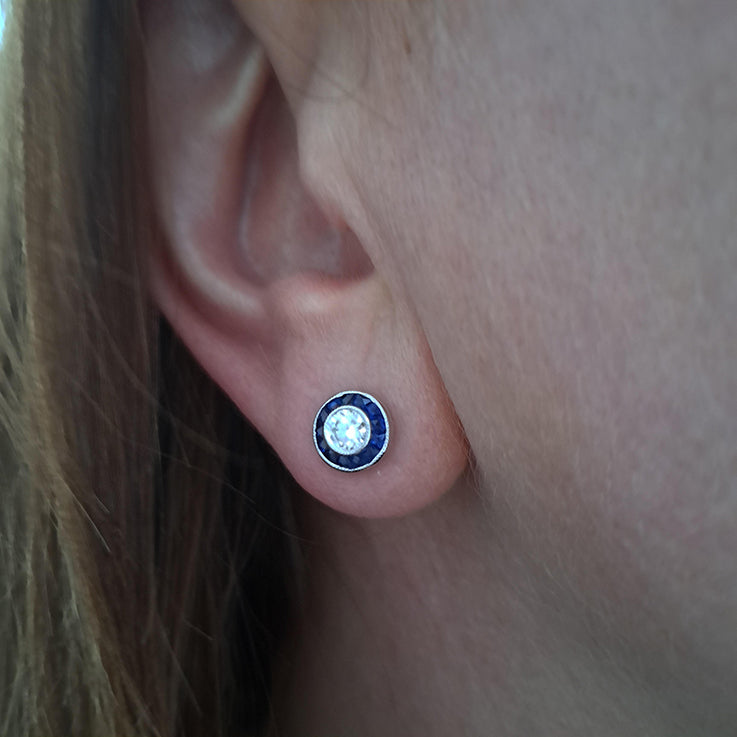 0.50ct Diamond and Calibre Sapphire Target Cluster Stud Earrings