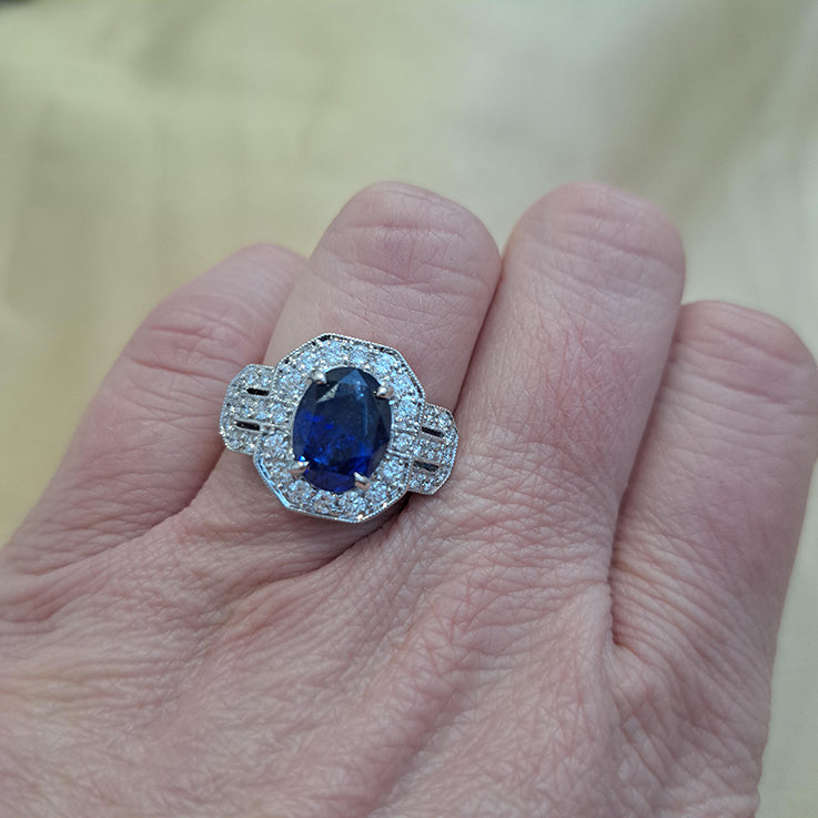 4ct Sapphire and Diamond Cluster Dress Engagement Ring in 18ct White Gold