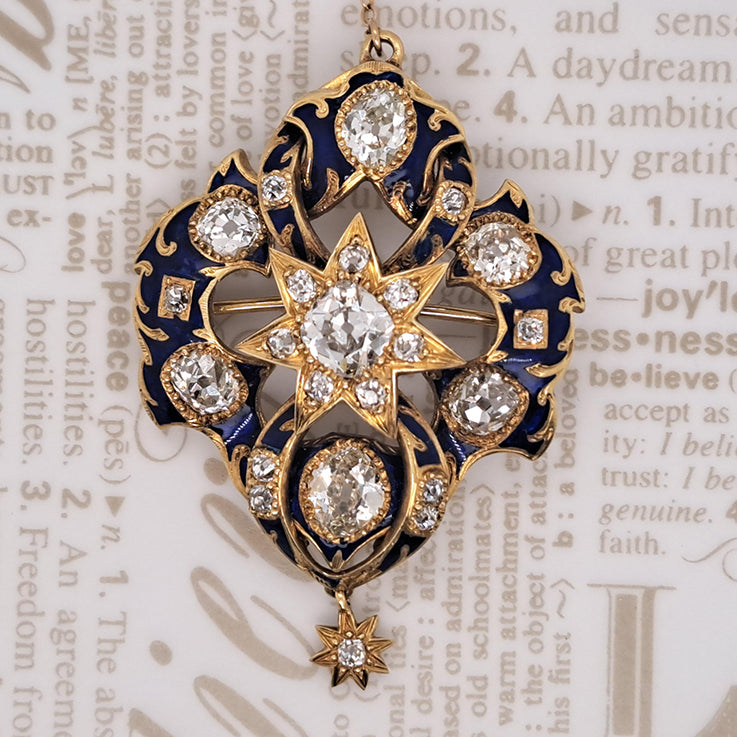 Victorian Antique 2.80ct Old Cut Diamond Blue Enamel and Gold Pendant Brooch