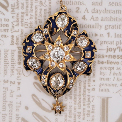 Victorian Antique 2.80ct Old Cut Diamond Blue Enamel and Gold Pendant Brooch