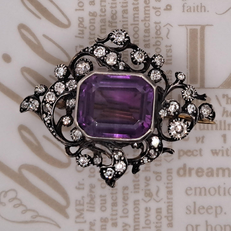 Victorian Antique Amethyst and Diamond Brooch