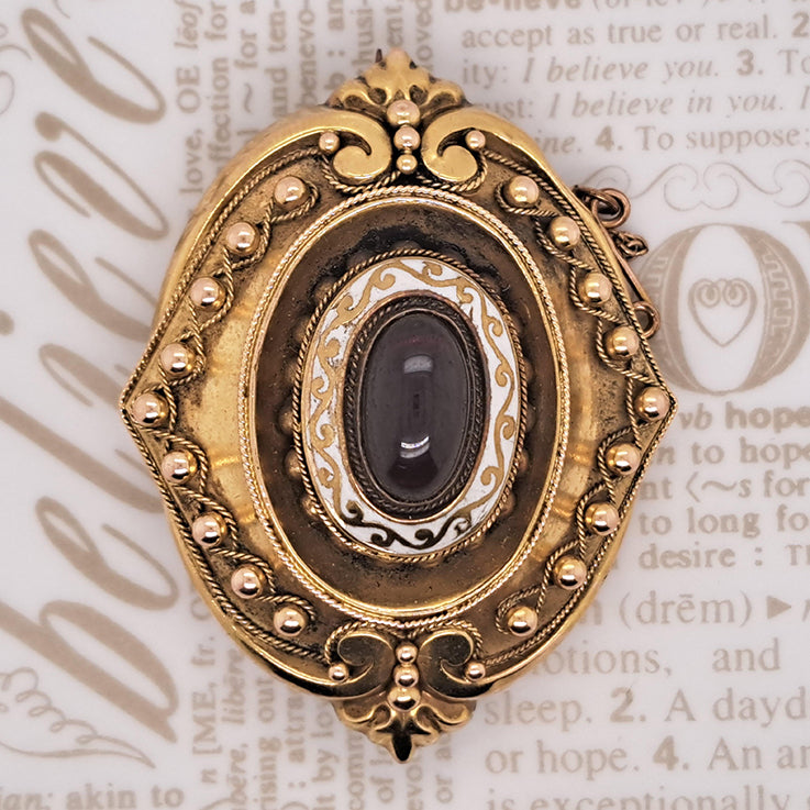 Antique Cabochon Garnet White Enamel and 18ct Yellow Gold Brooch