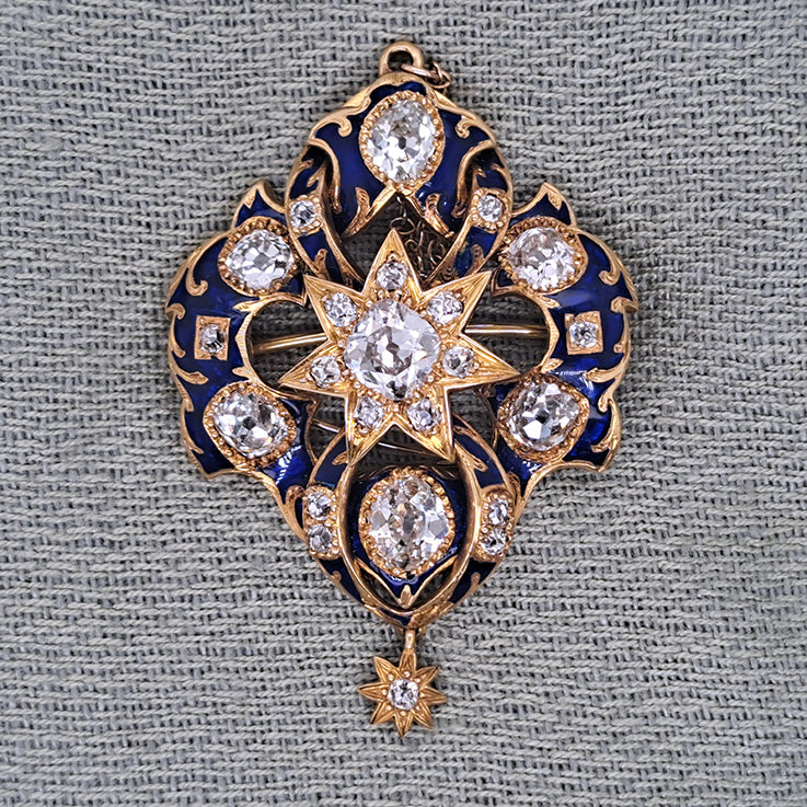 Victorian Antique 2.80ct Old Cut Diamond Blue Enamel and Gold Pendant Brooch