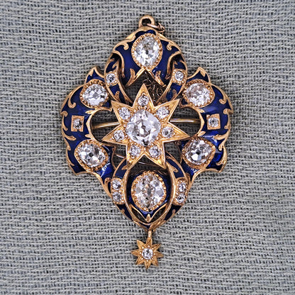 Victorian Antique 2.80ct Old Cut Diamond Blue Enamel and Gold Pendant Brooch