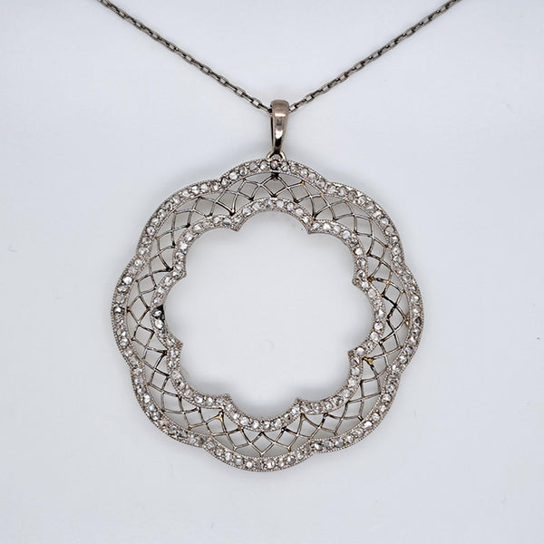 Vintage Rose Cut Diamond Scalloped Halo Cluster Pendant