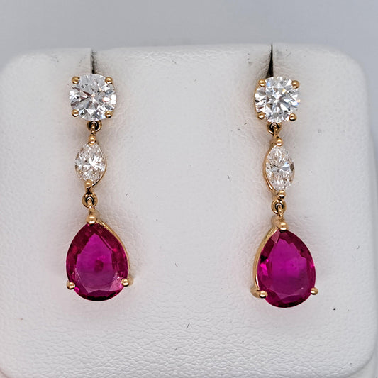 Certified 3.45ct Pear Cut Natural Burma No Heat Ruby and Diamond Drop Earrings in 18ct Yellow Gold