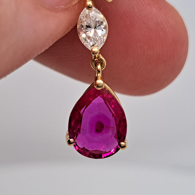Certified 3.45ct Pear Cut Natural Burma No Heat Ruby and Diamond Drop Earrings in 18ct Yellow Gold