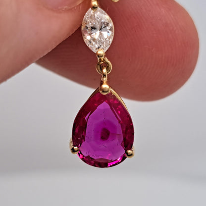 Certified 3.45ct Pear Cut Natural Burma No Heat Ruby and Diamond Drop Earrings in 18ct Yellow Gold