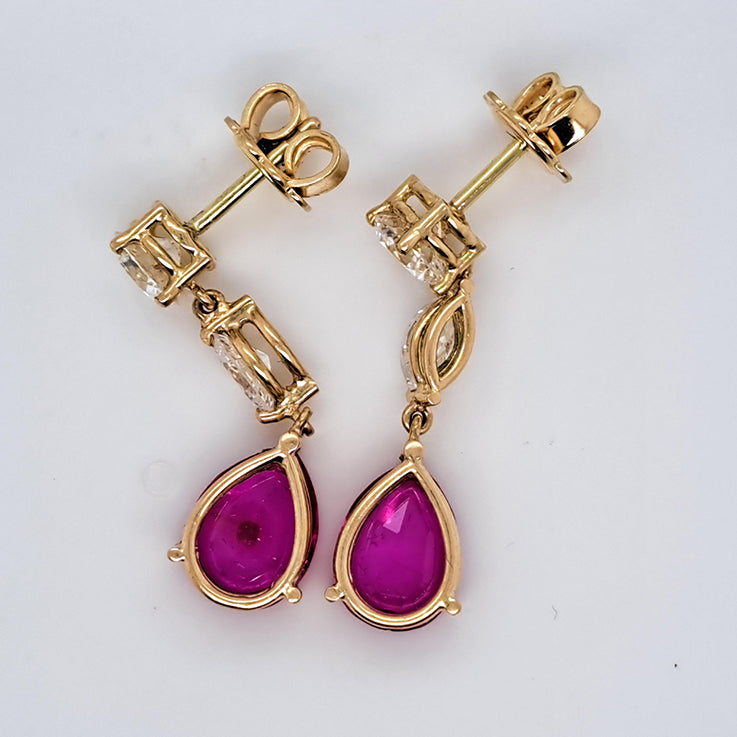 Certified 3.45ct Pear Cut Natural Burma No Heat Ruby and Diamond Drop Earrings in 18ct Yellow Gold
