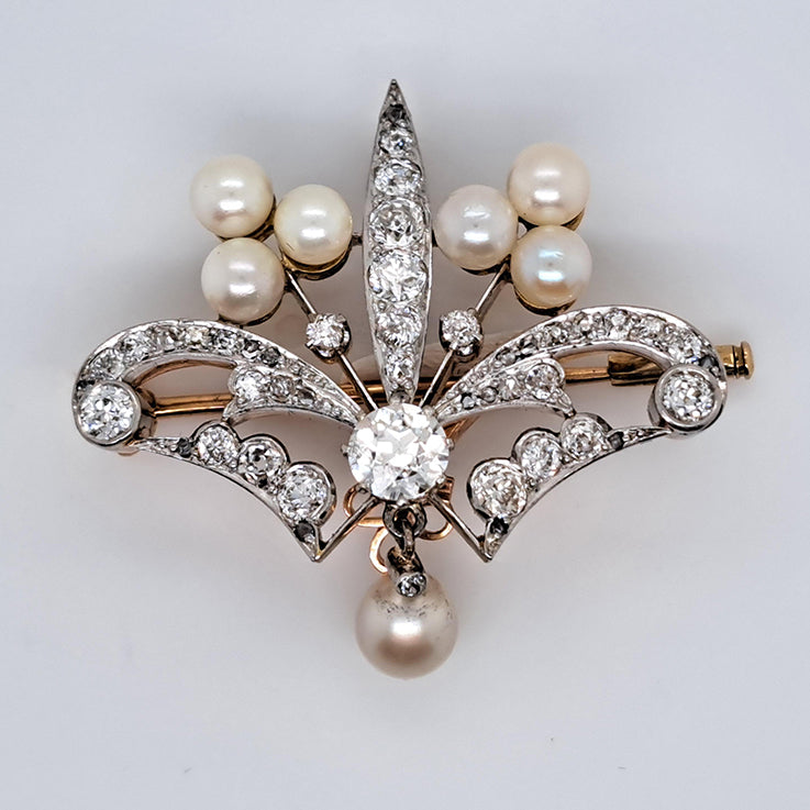 Antique Old Cut Diamond and Pearl Pendant Brooch of trefoil design