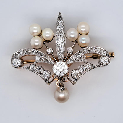 Antique Old Cut Diamond and Pearl Pendant Brooch of trefoil design
