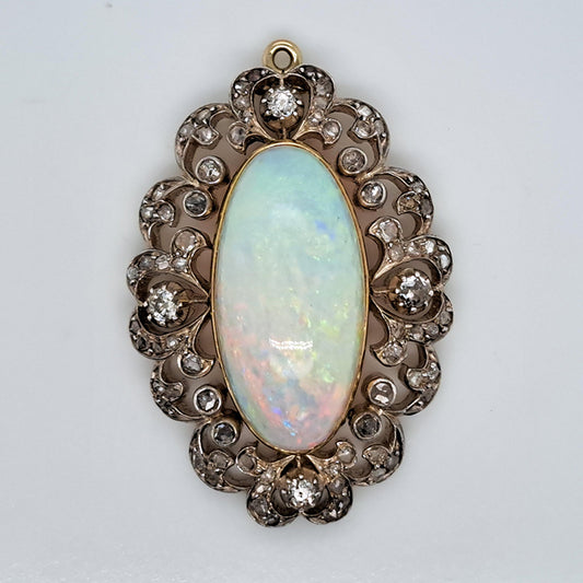 Victorian Antique Opal and Diamond Cluster Pendant
