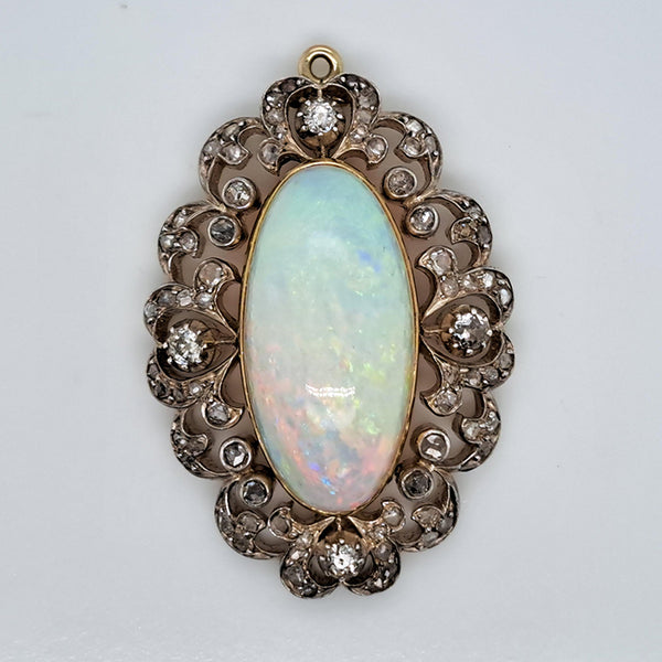 Victorian Antique Opal and Diamond Cluster Pendant
