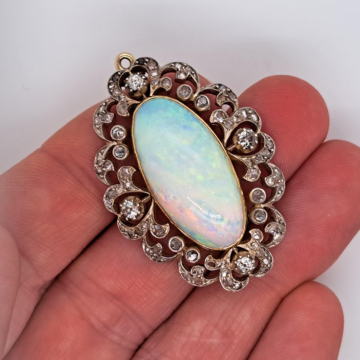 Victorian Antique Opal and Diamond Cluster Pendant