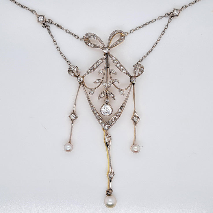 Edwardian Antique Diamond Bow and Swag Pendant Necklace with Pearl Drops