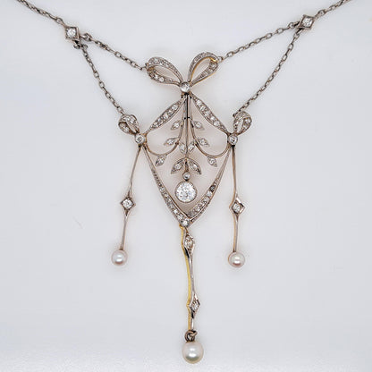 Edwardian Antique Diamond Bow and Swag Pendant Necklace with Pearl Drops