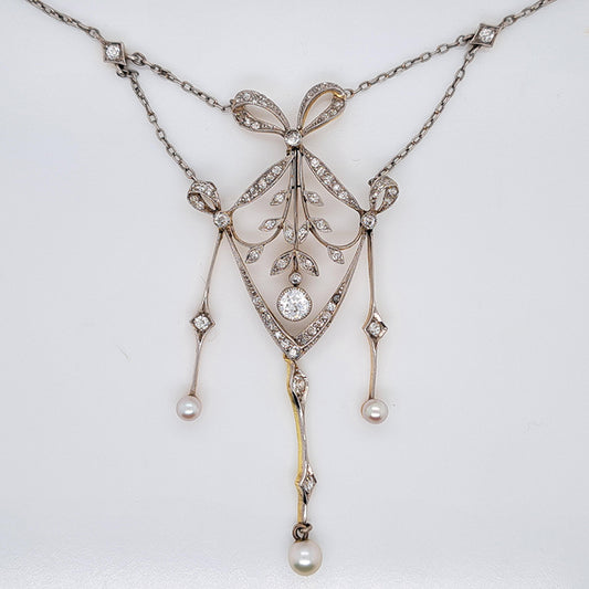 Edwardian Antique Diamond Bow and Swag Pendant Necklace with Pearl Drops