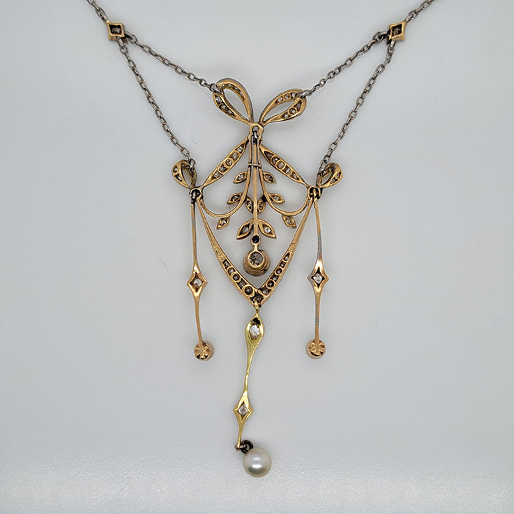 Edwardian Antique Diamond Bow and Swag Pendant Necklace with Pearl Drops