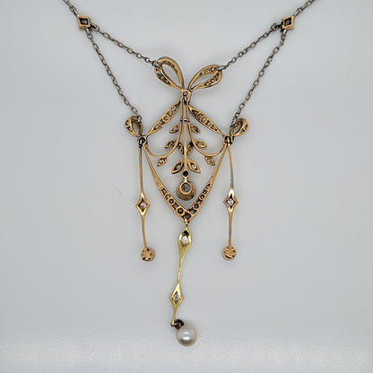 Edwardian Antique Diamond Bow and Swag Pendant Necklace with Pearl Drops
