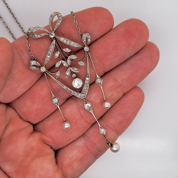 Edwardian Antique Diamond Bow and Swag Pendant Necklace with Pearl Drops