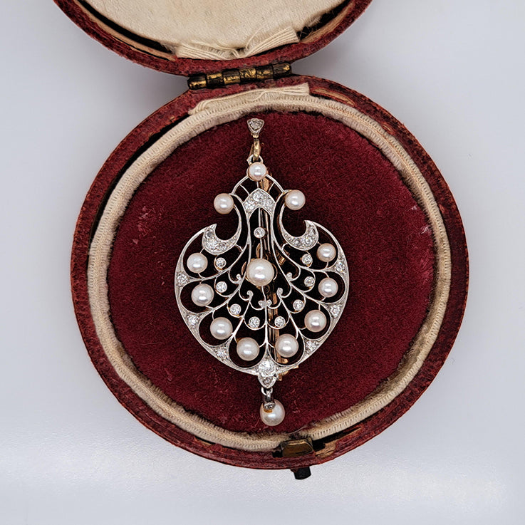 Victorian Antique Old Cut and Rose Cut Diamond and Pearl Pendant come Brooch