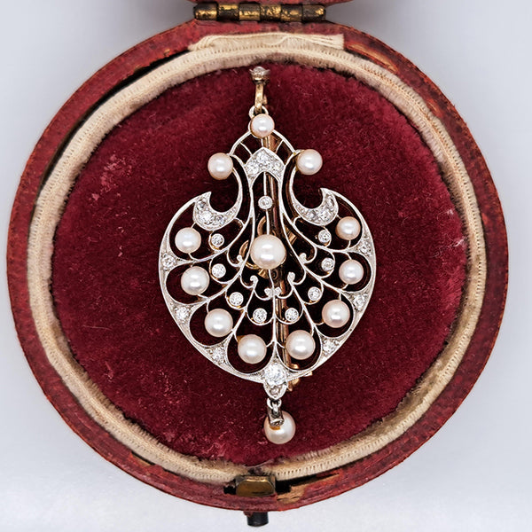 Victorian Antique Old Cut and Rose Cut Diamond and Pearl Pendant come Brooch