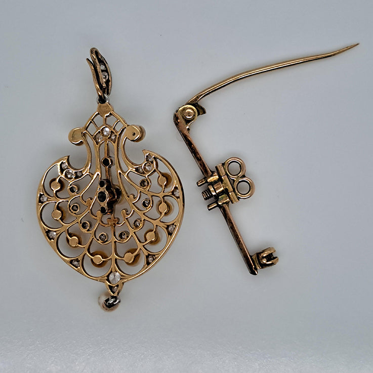 Victorian Antique Old Cut and Rose Cut Diamond and Pearl Pendant come Brooch with removeable fittings