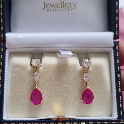 Pear Cut Natural Burma No Heat Ruby and Diamond Drop Earrings