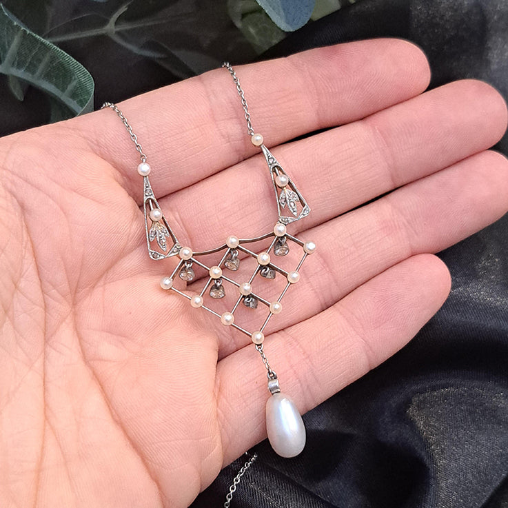 Antique Belle Epoque Diamond and Natural Pearl Pendant Necklace