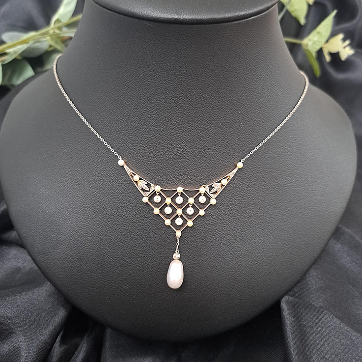 Antique Belle Epoque Diamond and Natural Pearl Pendant Necklace