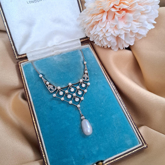 Antique Belle Epoque Diamond and Natural Pearl Pendant Necklace