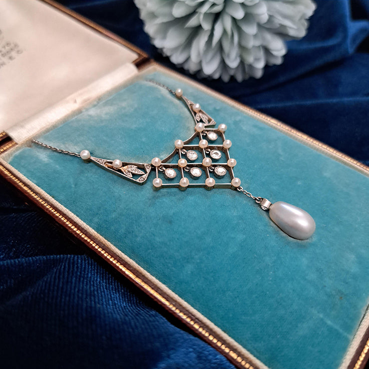 Antique Belle Epoque Diamond and Natural Pearl Pendant Necklace