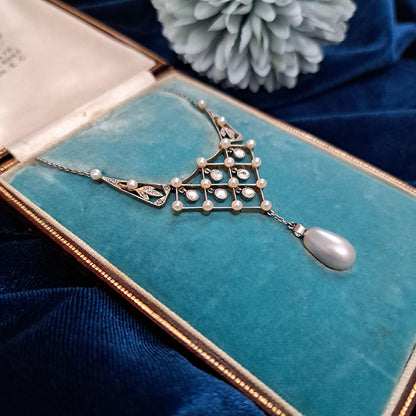 Antique Belle Epoque Diamond and Natural Pearl Pendant Necklace