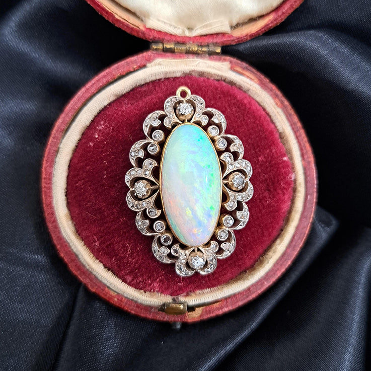 Victorian Antique Opal and Diamond Cluster Pendant