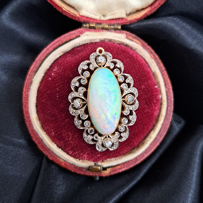 Victorian Antique Opal and Diamond Cluster Pendant