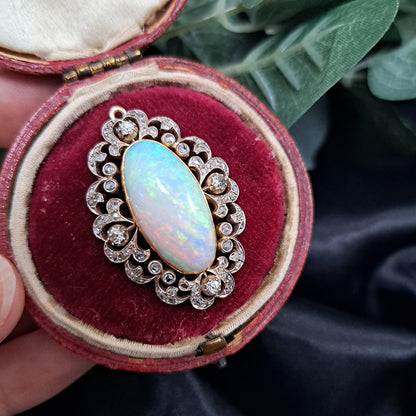 Victorian Antique Opal and Diamond Cluster Pendant