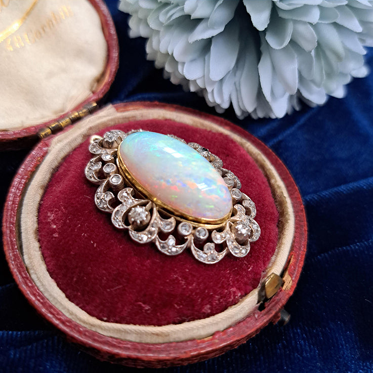Victorian Antique Opal and Diamond Cluster Pendant