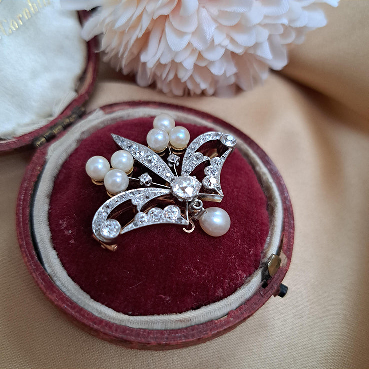 Antique Old Cut Diamond and Pearl Pendant Brooch of trefoil design