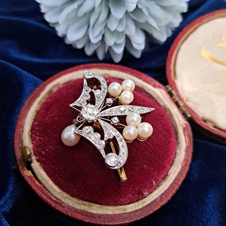 Antique Old Cut Diamond and Pearl Pendant Brooch of trefoil design