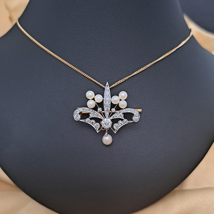 Antique Old Cut Diamond and Pearl Pendant Brooch of trefoil design