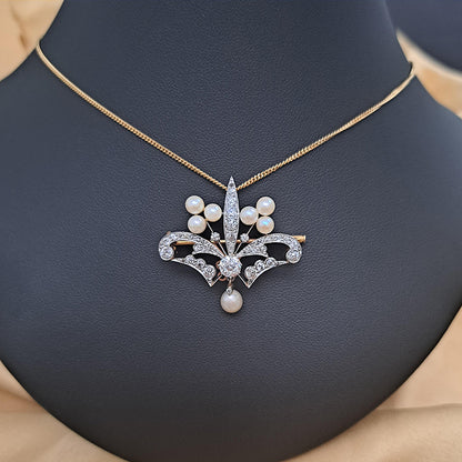 Antique Old Cut Diamond and Pearl Pendant Brooch of trefoil design
